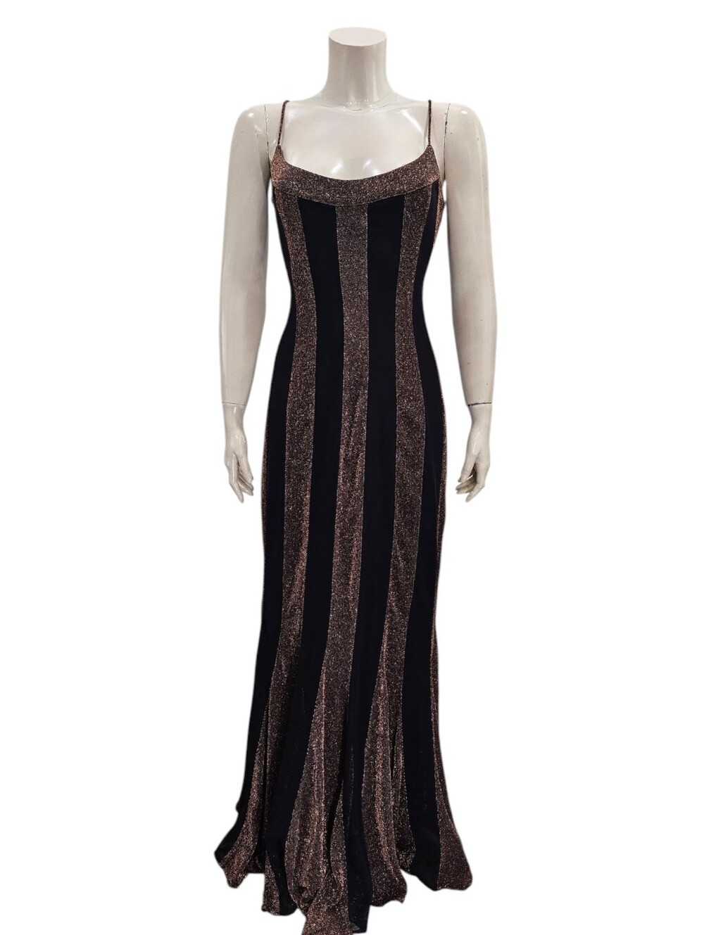 Vtg Y2K BARI JAY Metallic Bronze Black Striped Mesh Evening Dress Gown L/XL